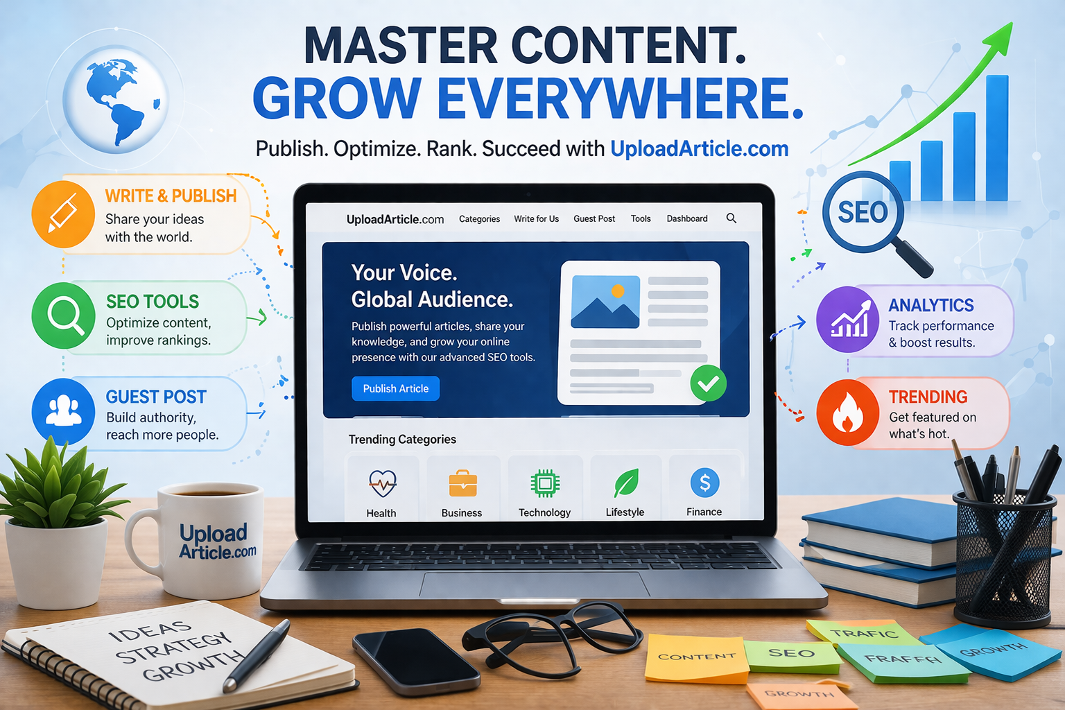 Screenshot-style illustration of UploadArticle.com Hot section featuring trending articles, analytics, and engagement metrics