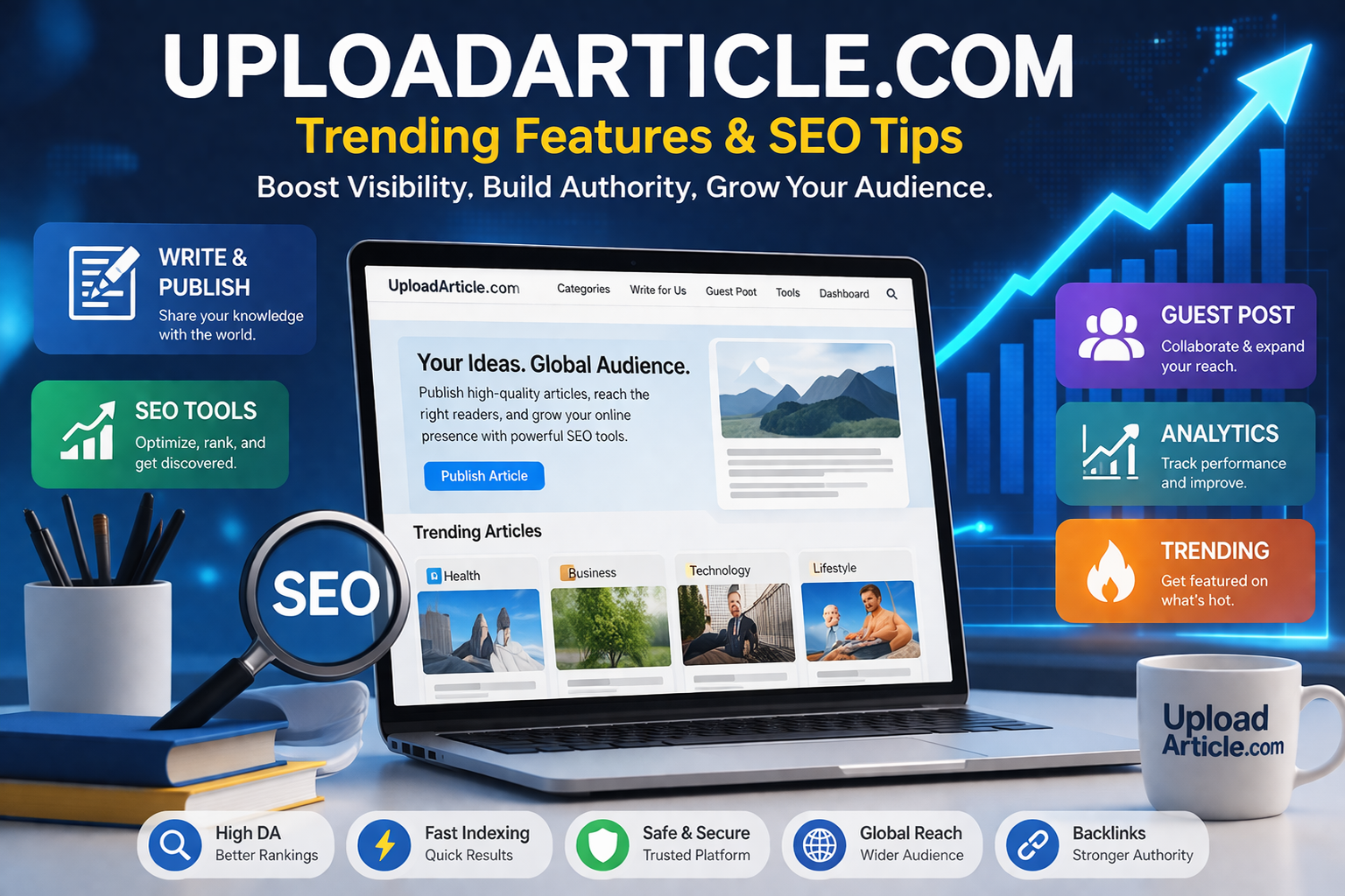 Illustration of UploadArticle.com platform highlighting SEO tools, guest posting, and trending content.